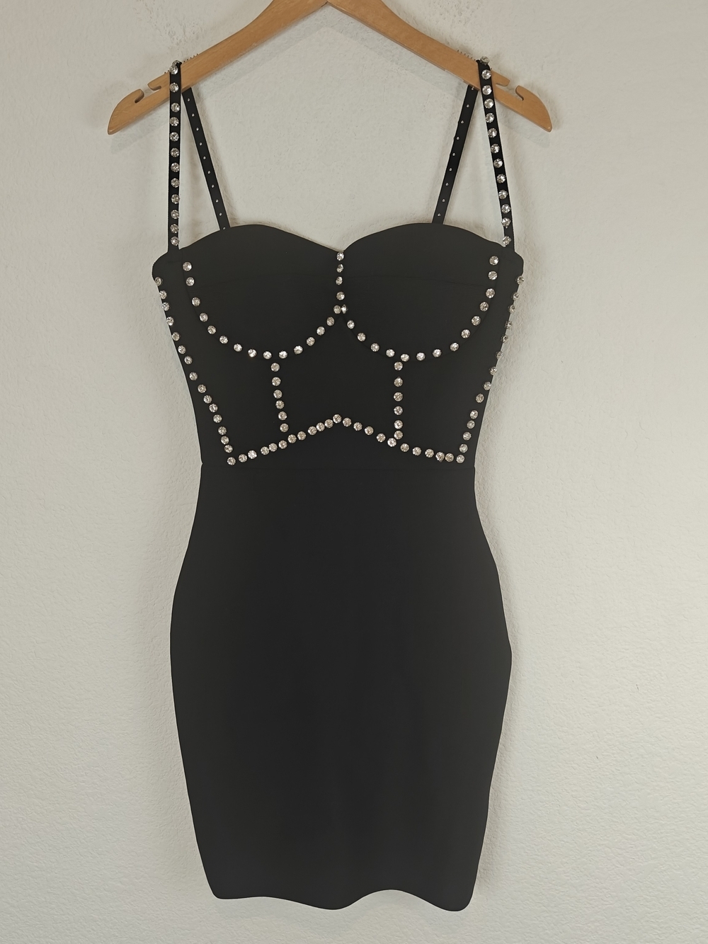 Crystal Embellished Bustier Bodycon Mini Dress Black Sparkle Corset Night Out SM - Picture 2 of 15